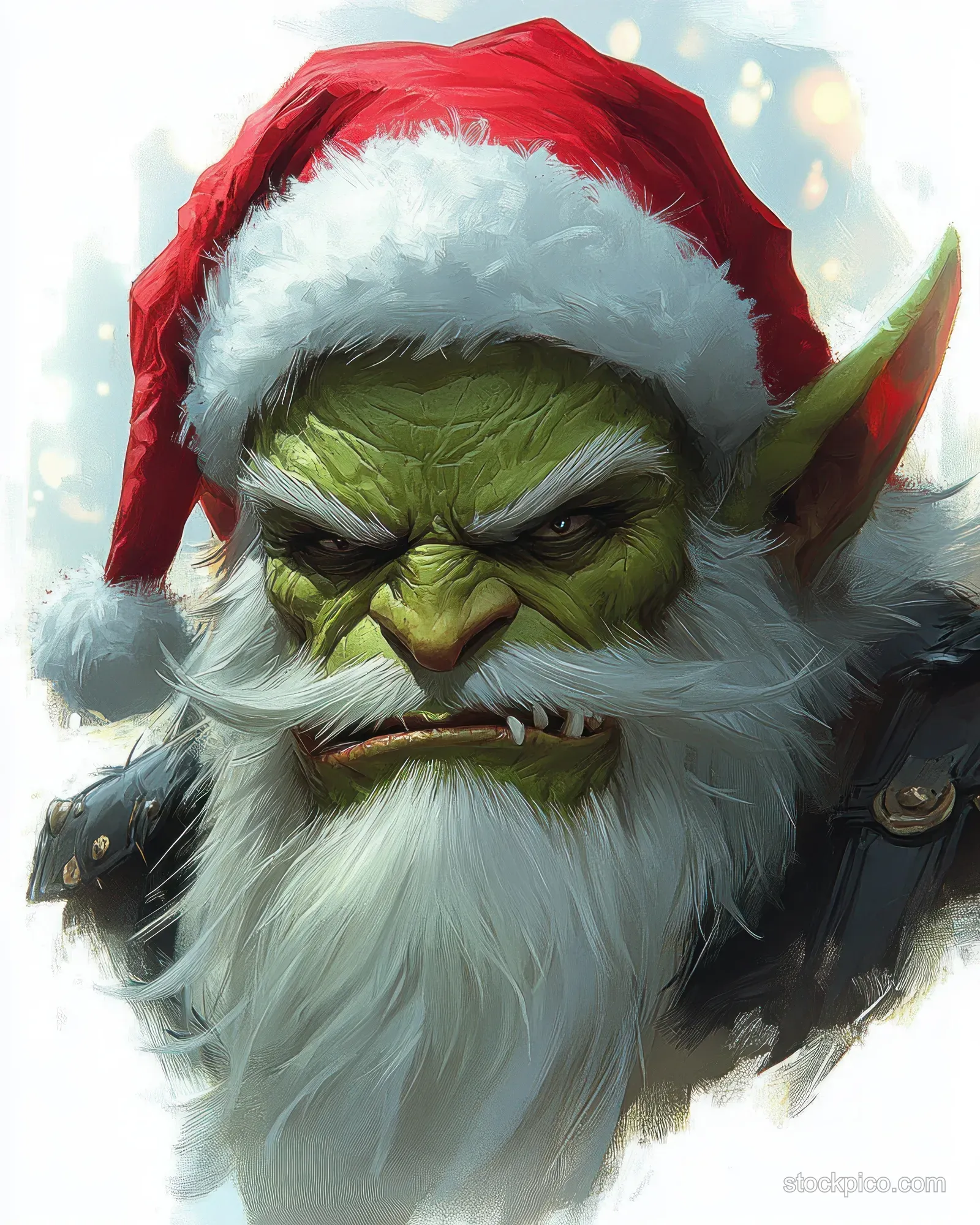 A green-skinned fantasy creature glares angrily with sharp teeth while wearing a red-and-white Santa hat and a long white beard.