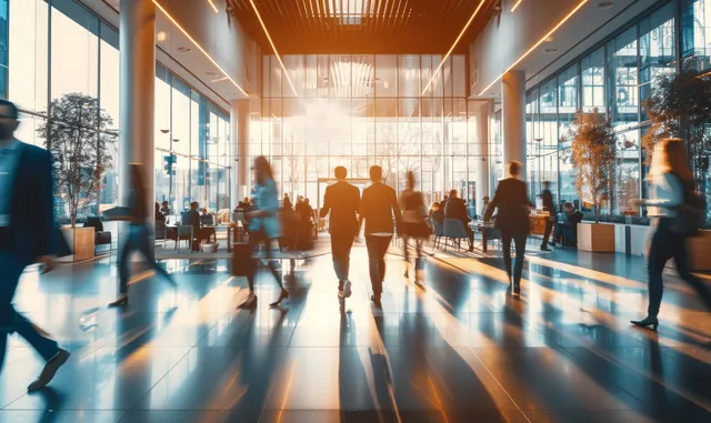 Blurred office workers walking through bright lobby with panoramic windows at sunrise