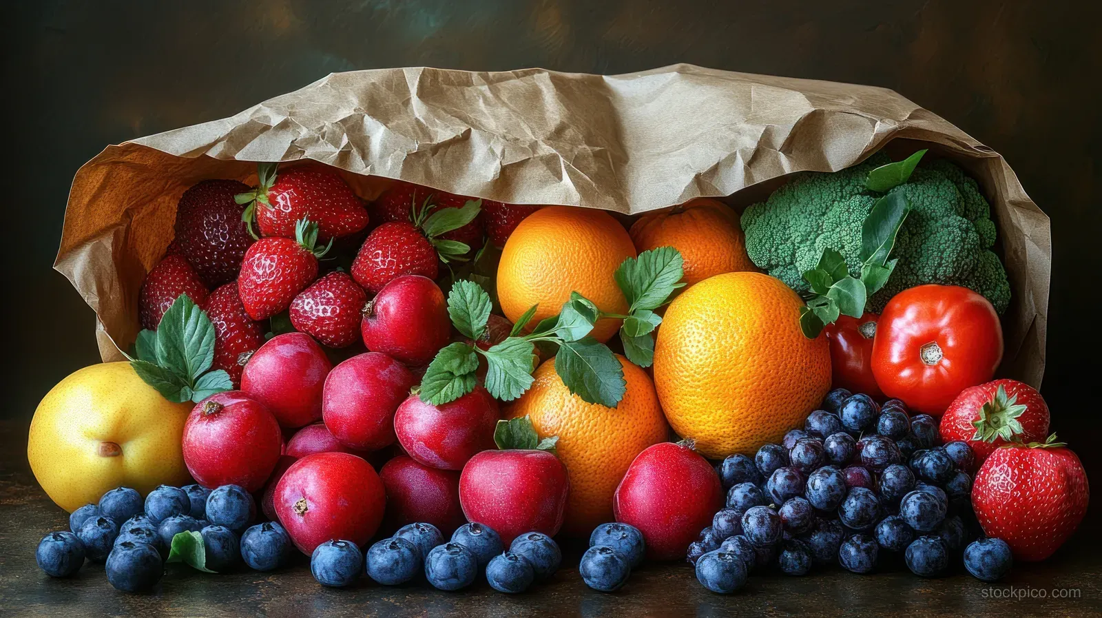 Top view of fresh fruits and vegetables arranged in a crumpled paper bag on a dark background.
