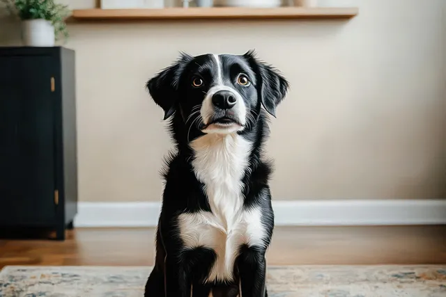 Black and white dog sitting on a patterned rug indoors with a wooden floor and neutral wall background.