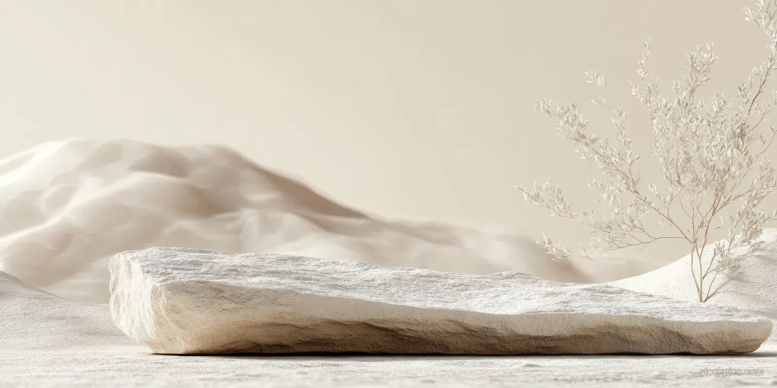 Neutral desert stone podium on a light surface with delicate white abstract tree branches casting soft shadows.