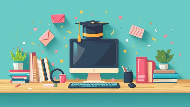 Laptop on a desk next to stacked e-books and a graduation cap with colorful confetti in the background.