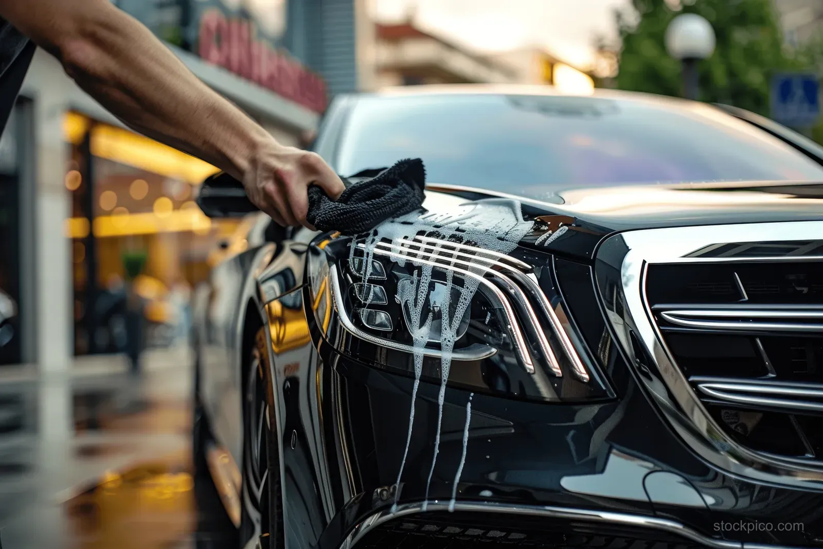 A hand polishes a black luxury car headlight with a microfiber cloth while the city street blurs behind.
