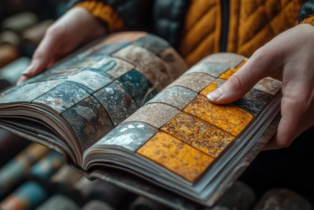 Hands point at fabric texture swatches inside an open sample booklet in a home design store setting.