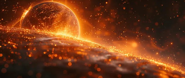 Fiery planet erupts with glowing particles in space, blazing arc trail