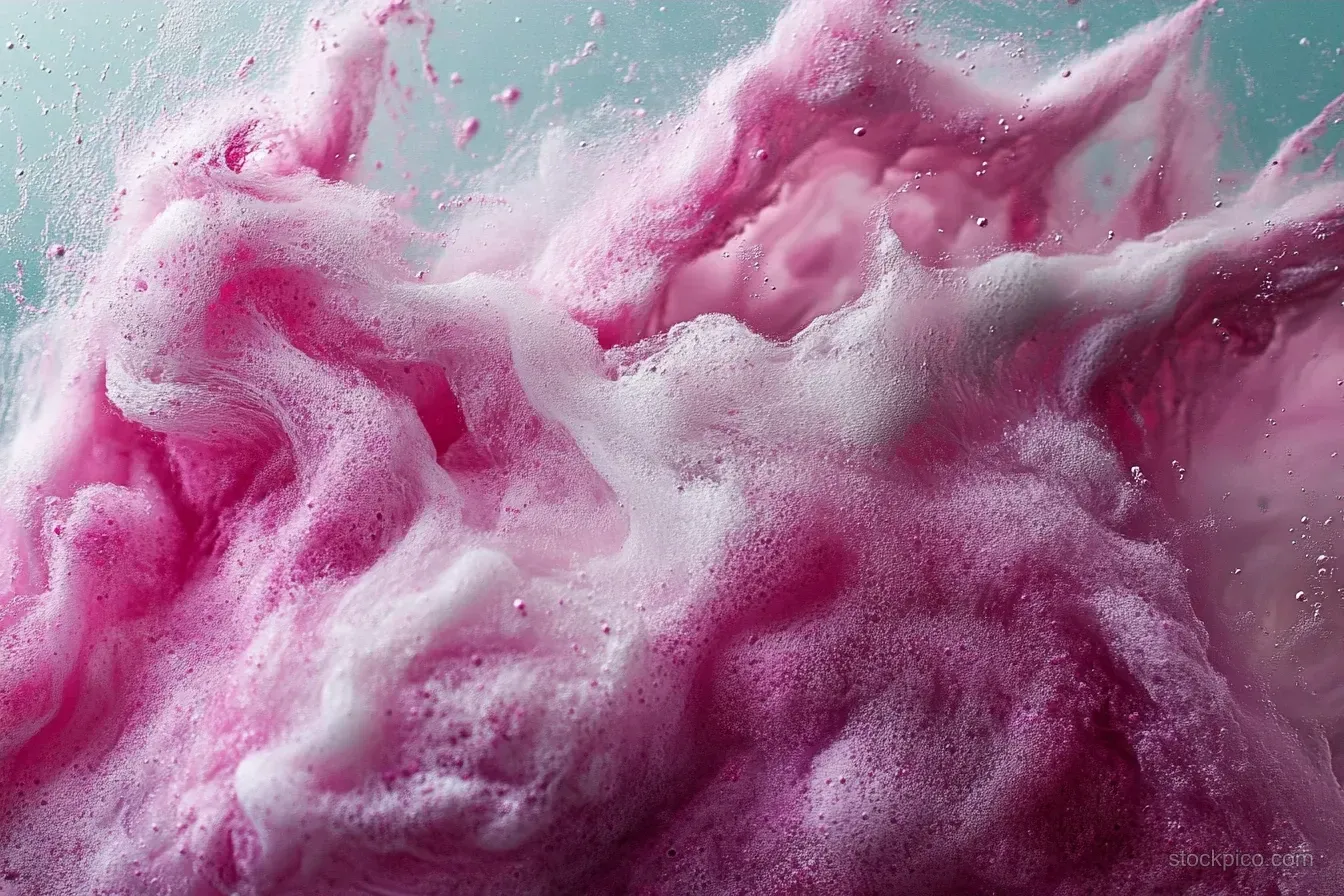Pink and white foam bubbles swirl in soapy liquid, forming a soft abstract texture against a pale background.