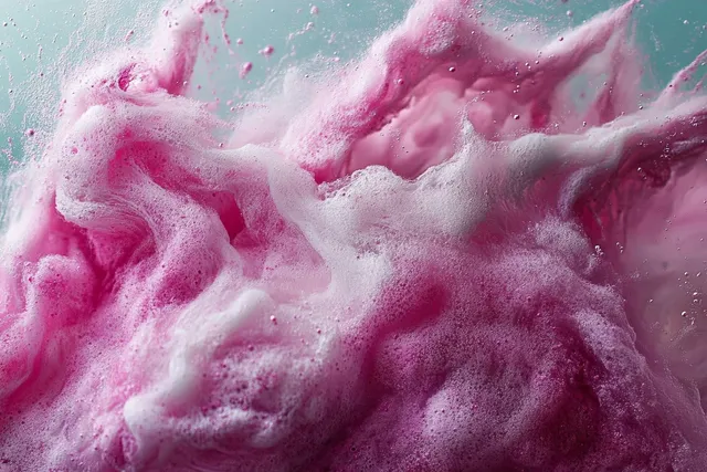 Close-up of pink and white foam bubbles swirling in soapy liquid against a pale backdrop