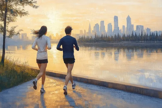 Two joggers run along a waterfront path at sunrise with a distant city skyline reflected in calm water.