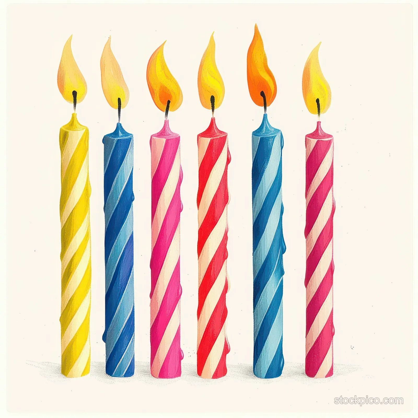 A row of striped birthday candles with yellow flames glowing on a light background.