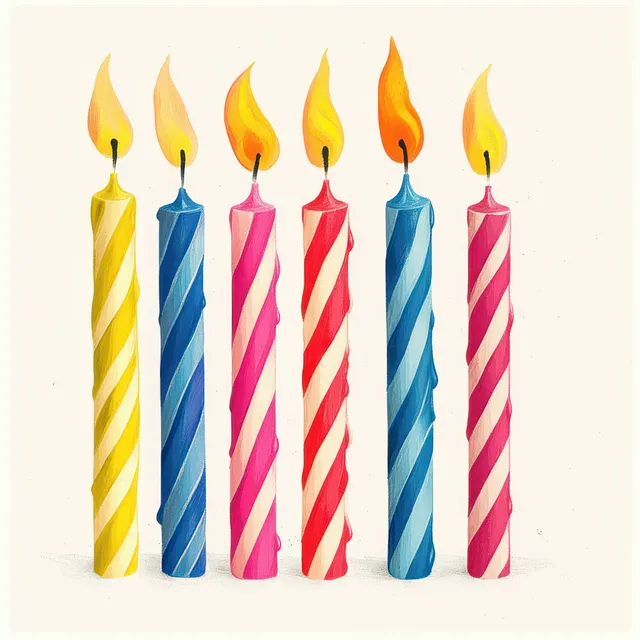 Colorful birthday candles with striped wicks standing in a tidy row, glowing warmly