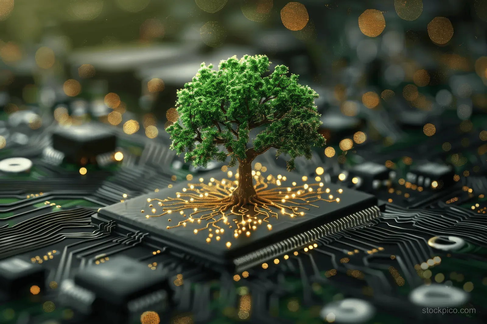 Green tree with glowing roots emerging from illuminated computer microchip circuitry in a dark tech background.