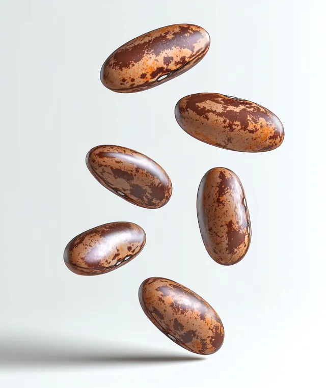 Six shiny brown speckled oval beans float on a white background with soft shadows.