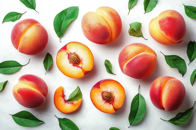 Whole and halved peaches with a visible seed and green leaves scattered on a white background.