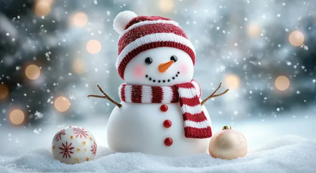 A cheerful snowman with a red scarf smiles in a snowy winter landscape while snowflakes fall softly.