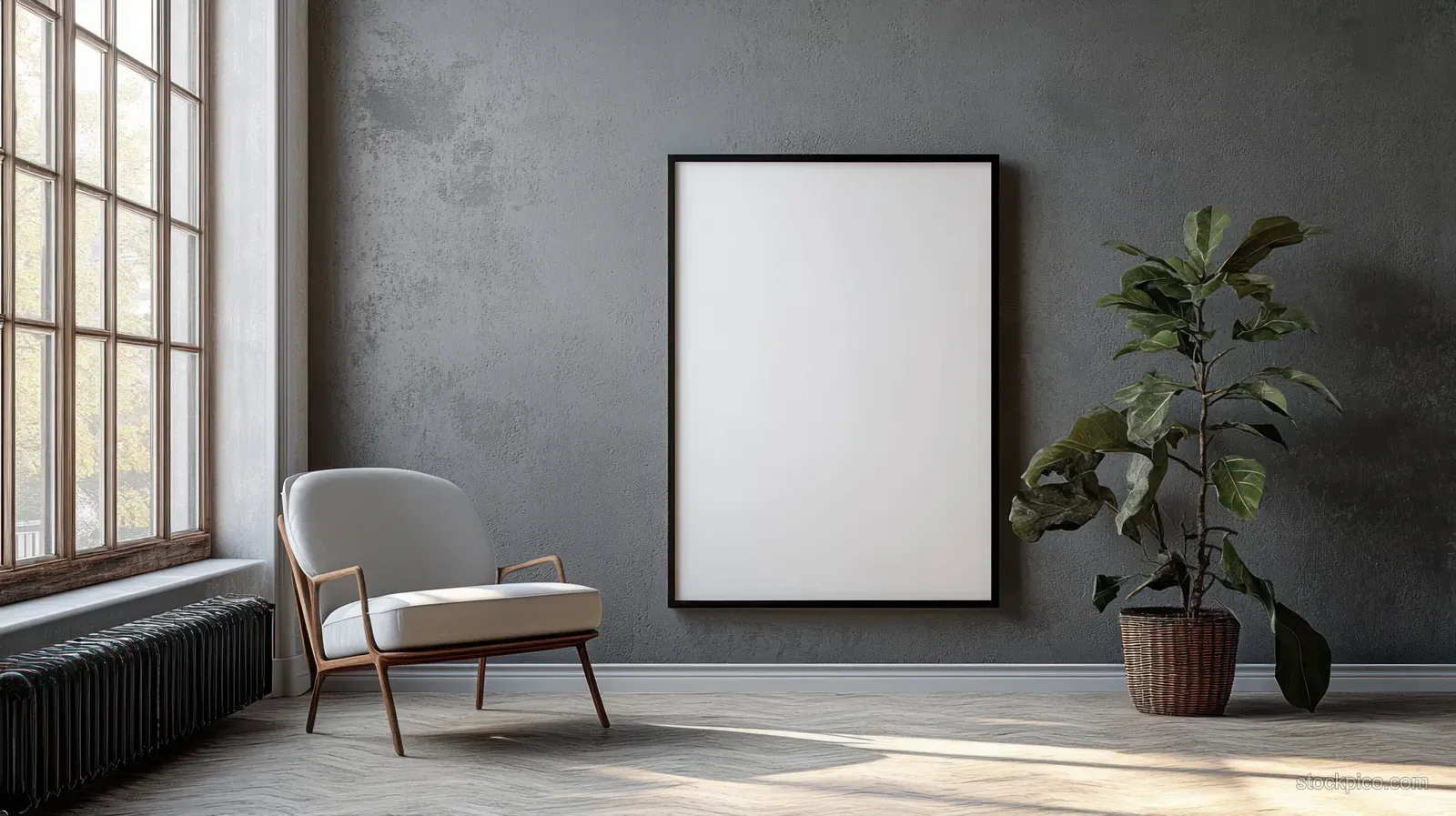 Minimalist Scandinavian room with a modern chair, a blank framed poster on a gray wall, and sunlight from large windows.