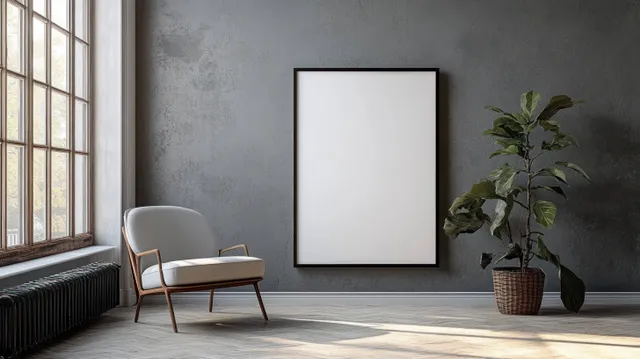 Minimalist Scandinavian room with a modern chair, a blank framed poster on a gray wall, and sunlight from large windows.