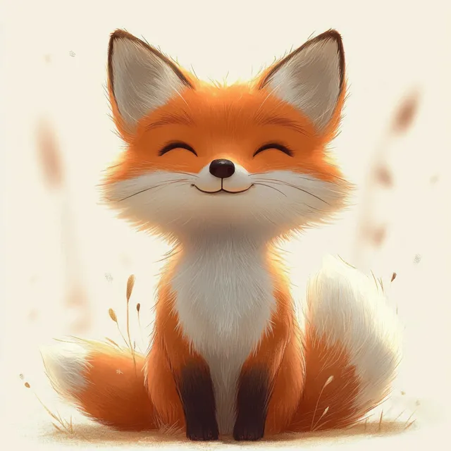 Fluffy red fox sitting on forest ground with eyes closed and gentle smile