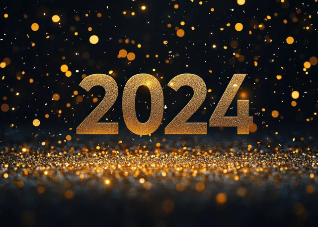 Golden 2025 numerals surrounded by glowing confetti and warm bokeh lights on a dark background.