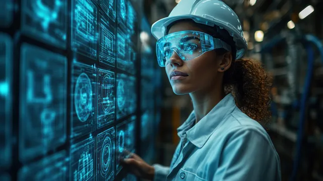 A futuristic factory worker wearing a hard hat gestures at glowing holographic data panels beside automated equipment.