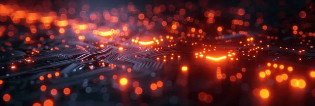 Glowing data stream and circuit network over dark digital background with neon orange highlights