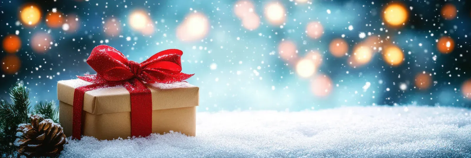 Wrapped Christmas gift box with a red bow on snowy ground beside pine cones with softly blurred glowing lights.