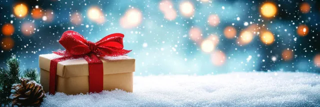 Wrapped Christmas gift box with a red bow on snowy ground beside pine cones with softly blurred glowing lights.