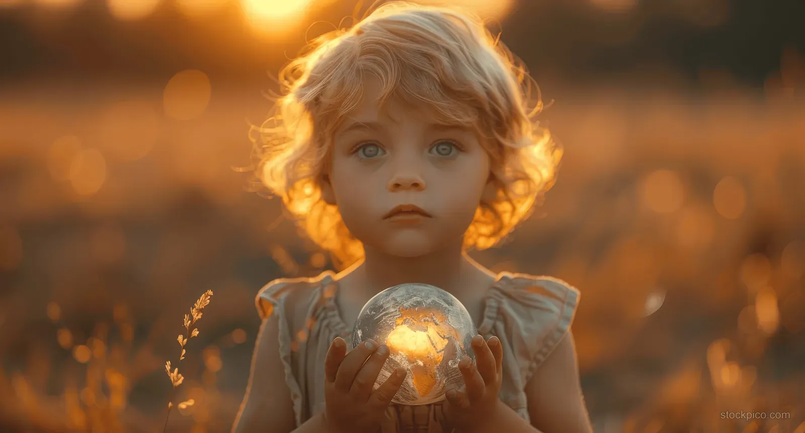 A child holds a glowing Earth-shaped globe at golden hour with warm bokeh in the background.