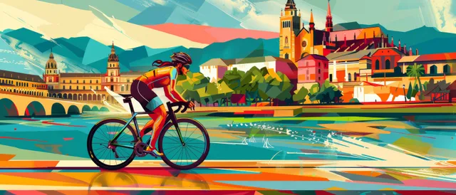 Female triathlete cycling on a bright track beside a river with painted city rooftops and motion streaks.