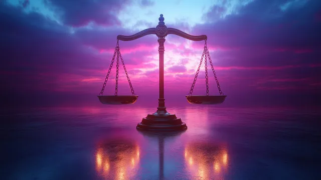 Balance scale of justice on a reflective pedestal with dramatic twilight gradient sky in the background.