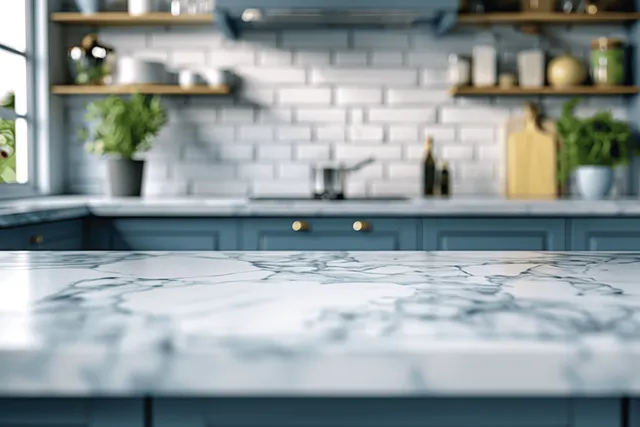 Marble kitchen countertop in front of blue cabinets with a white subway tile backsplash and potted plants on shelves.