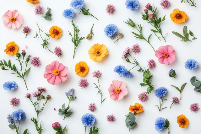 Colorful wildflower flat lay pattern on white background, scattered blossoms and green eucalyptus leaves