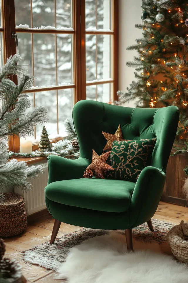 Green armchair with holiday pillows beside a decorated Christmas tree, softly lit through tall winter windows.