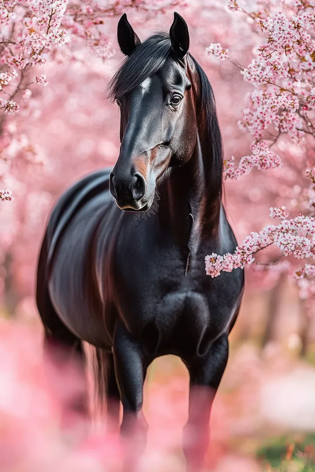 A black horse stands calmly amid pink cherry blossoms with soft light and scattered petals in spring.