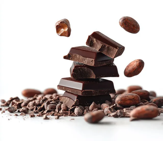 Dark chocolate chunks are piled with cocoa beans and cocoa nibs on a white background.