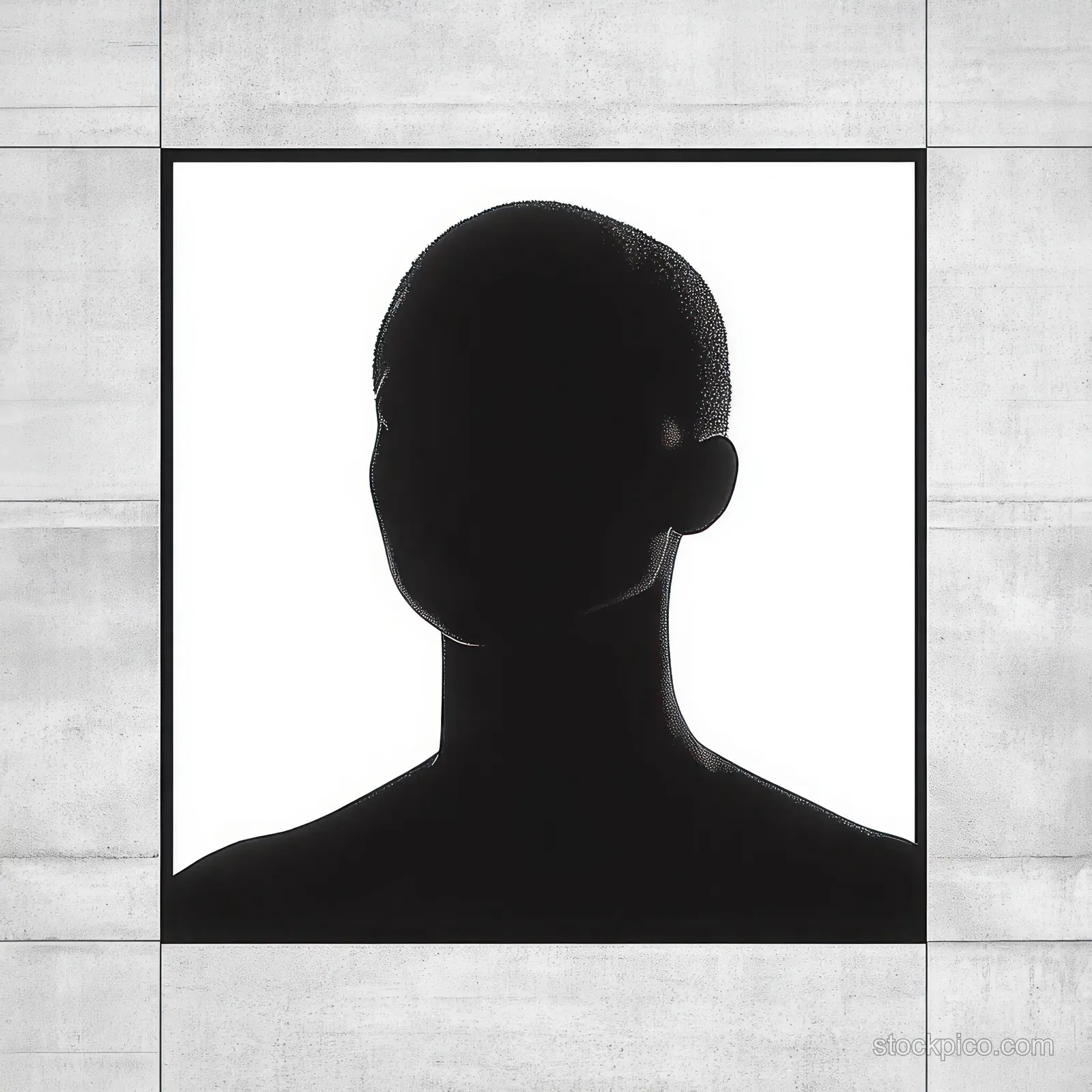 Black silhouette of a human head and shoulders inside a bright white square inset on a concrete wall background.