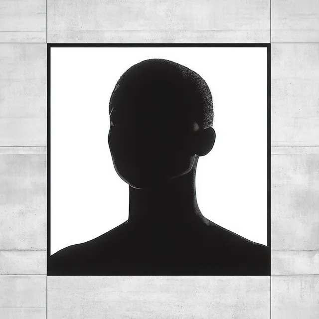 Silhouetted head and shoulders within a white square inset against concrete wall