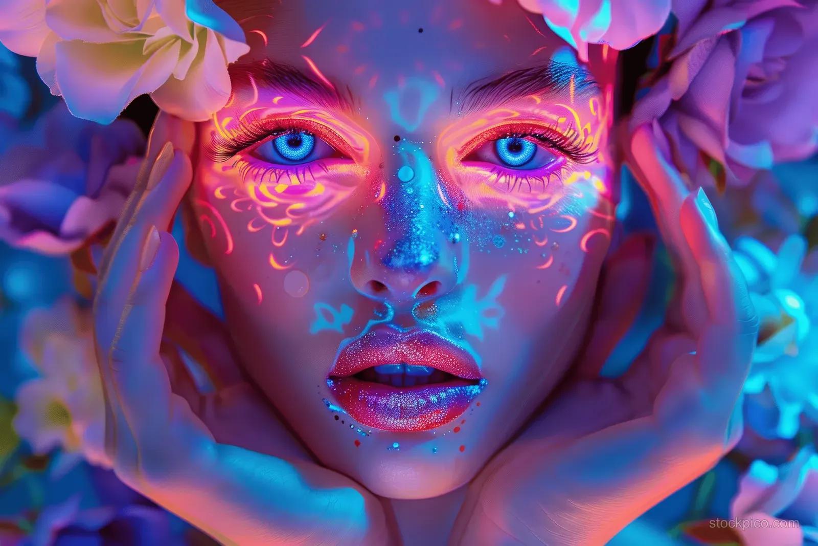 A female model showcases bold colorful makeup against a vibrant floral background with neon glow lighting.