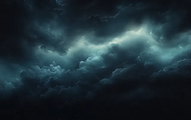Swirling dark storm clouds cover the sky with a teal light opening through the clouds.