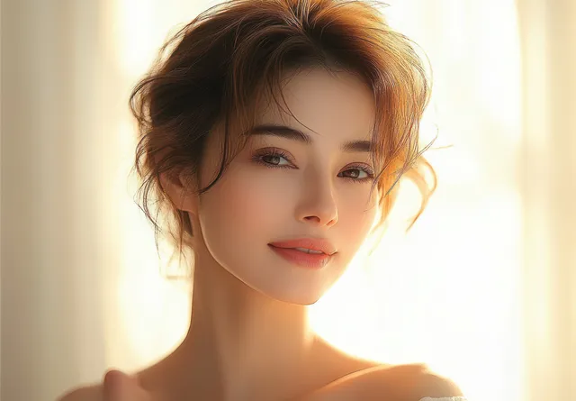 Middle-aged woman smiling in warm natural window light, relaxed indoor portrait