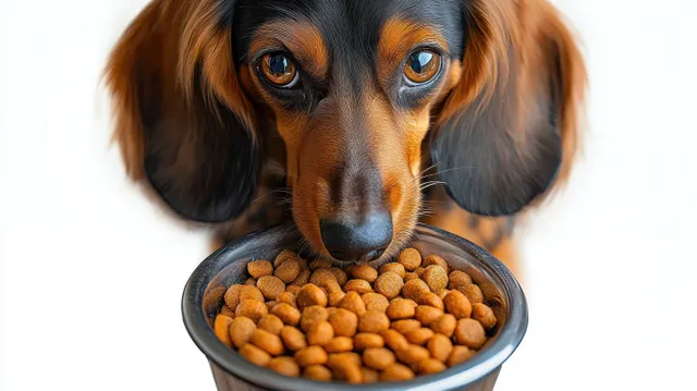 A brown and black dog sniffing a bowl of dry kibble against a white background.
