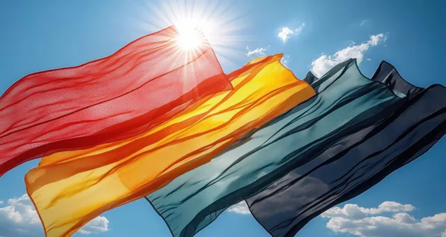 Thin line first responder flag waves across a bright sunset sky with dramatic clouds.