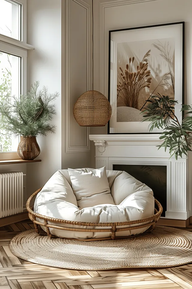 Cozy Scandinavian boho living room with beige armchair, fireplace glow, indoor plant