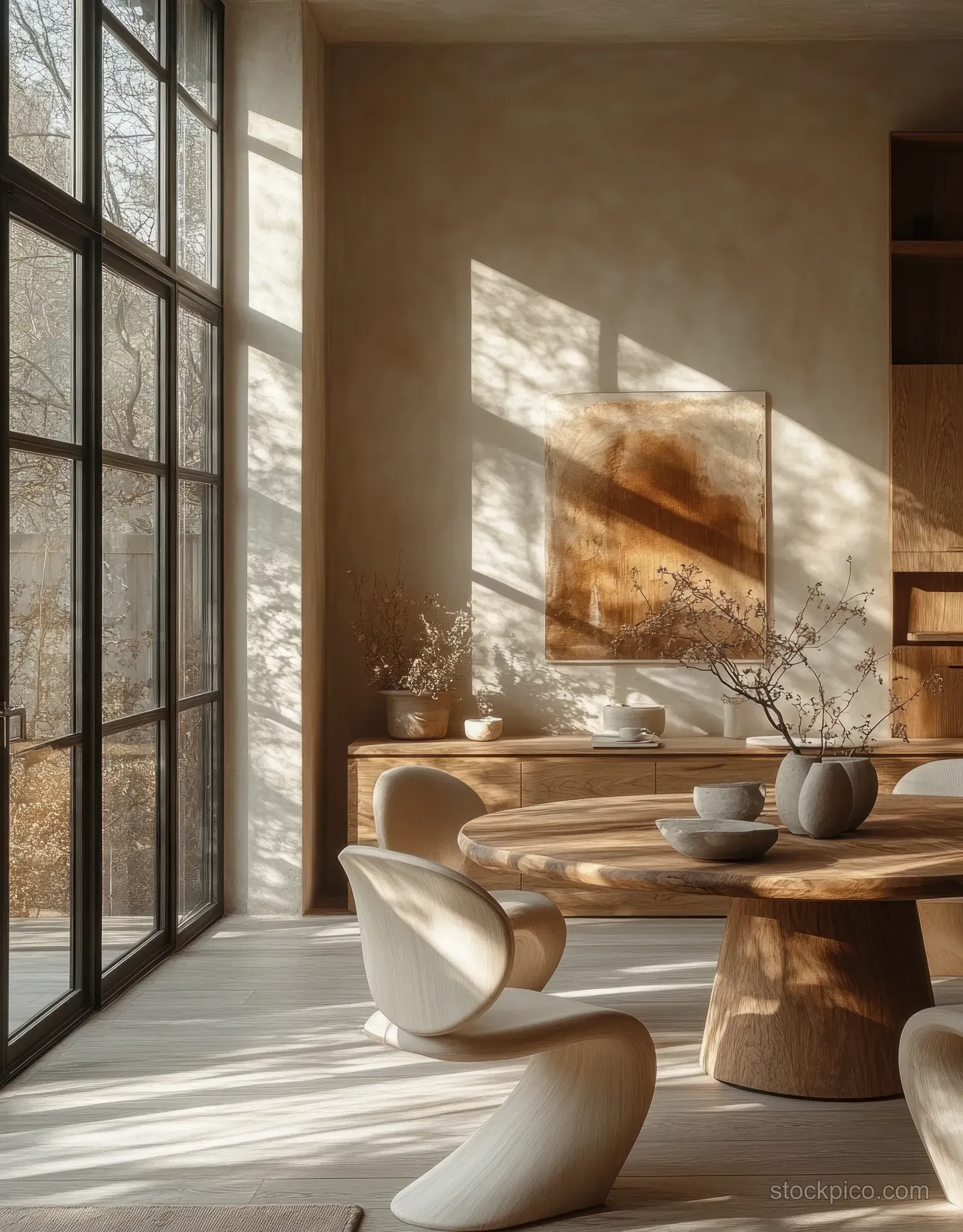 Sunlight streams through tall windows onto a wooden dining table with minimalist white chairs and neutral decor.