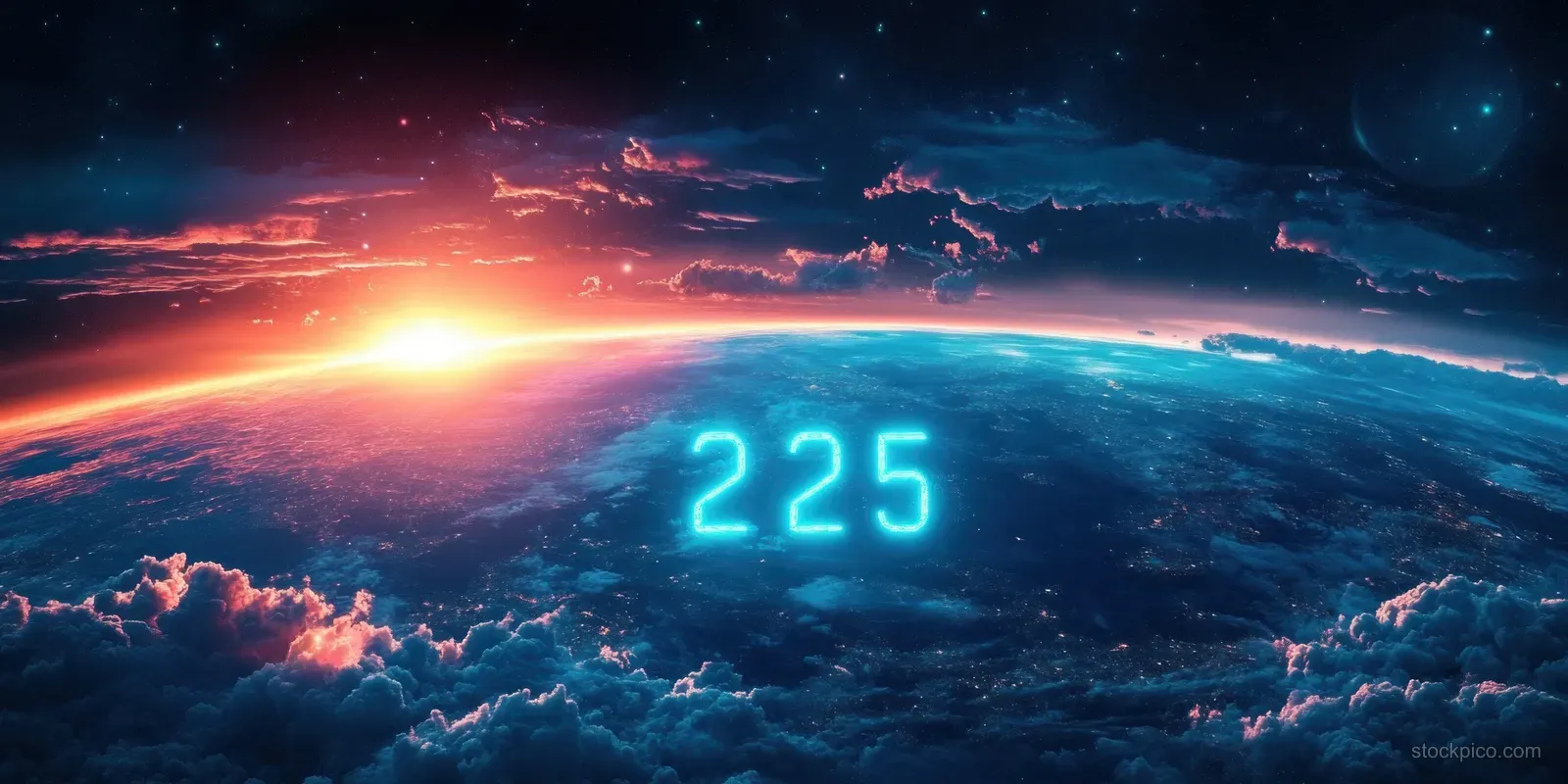 Neon-blue number 225 floats above Earth during a glowing sunrise amid space clouds.