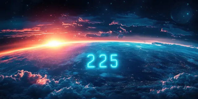 Neon-blue 225 digital countdown hovering over earth at sunrise in cyberpunk space