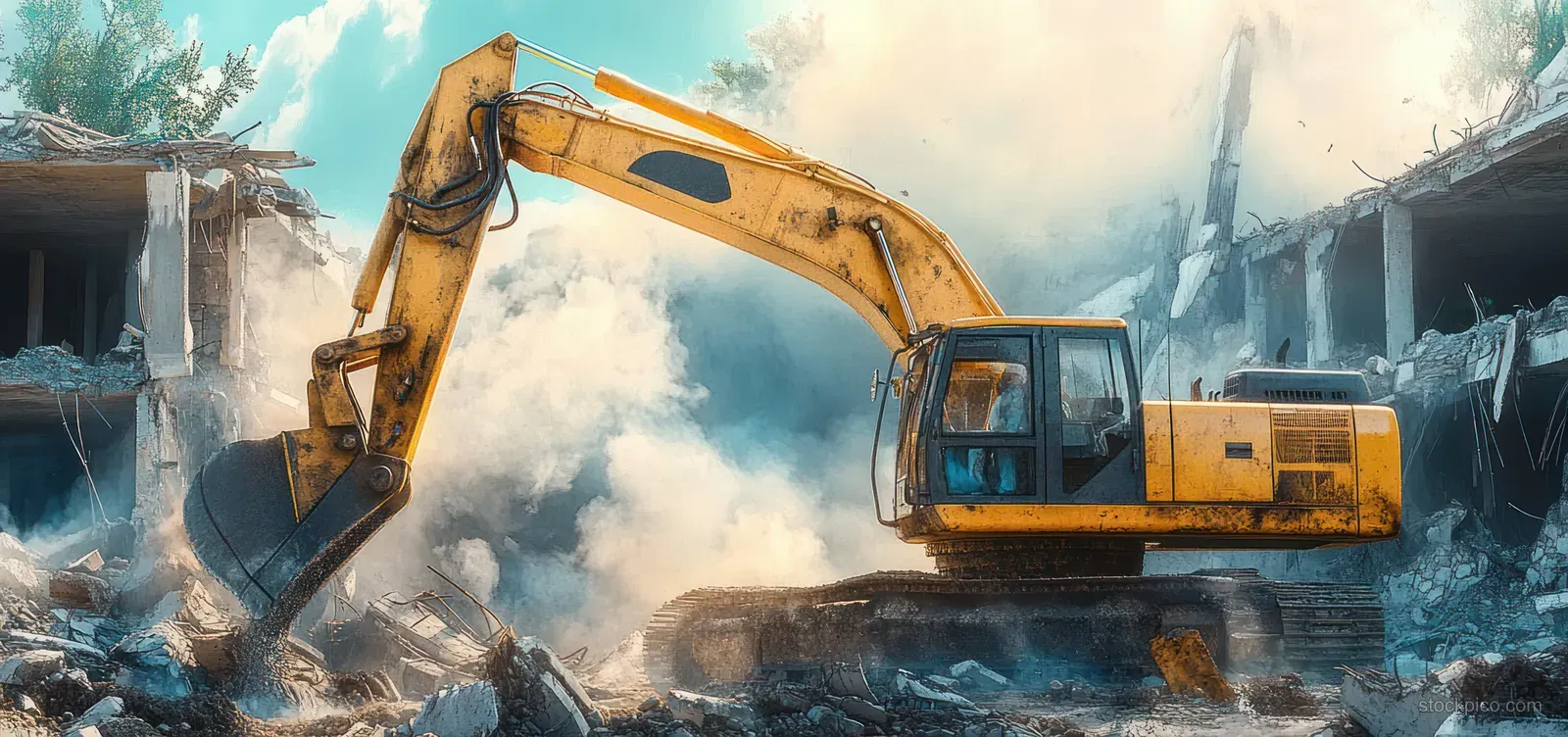 A yellow excavator demolishes a concrete building, throwing dust and rubble across a worksite under blue sky.