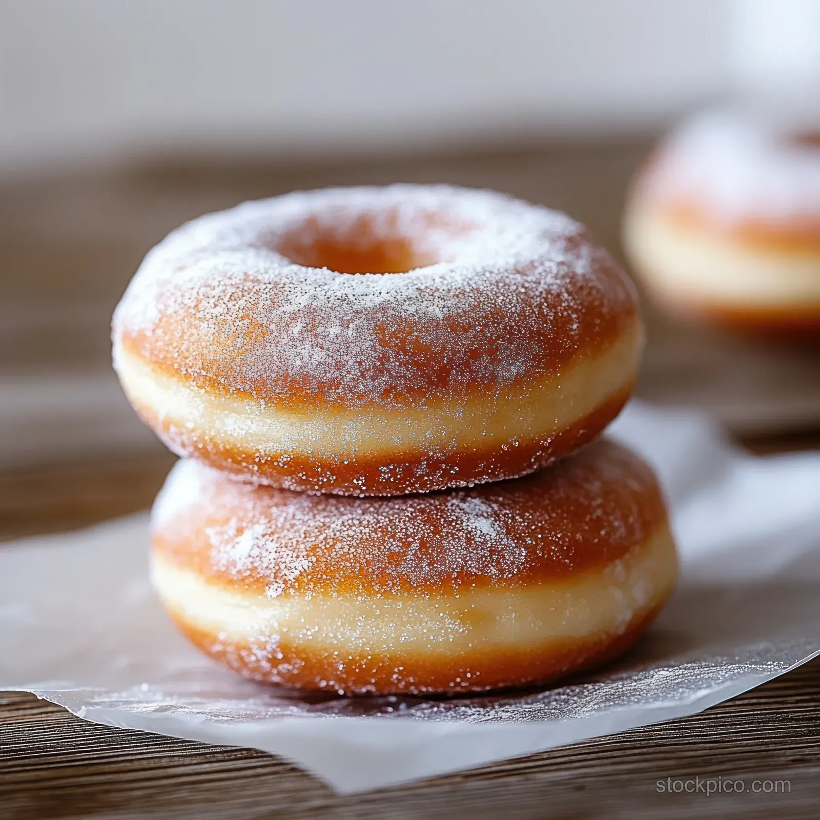 Two sugar-dusted doughnuts stacked on parchment paper with a strawberry jam filled center.