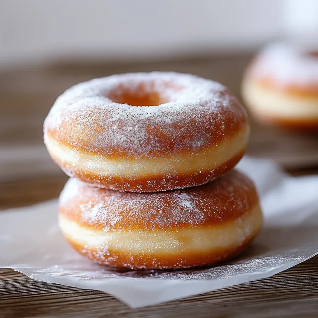 Sugar-dusted doughnuts stacked on parchment paper with glossy strawberry jam filling