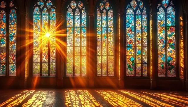 Sunlight beams through stained glass windows, projecting colorful floral patterns across a church stone floor.