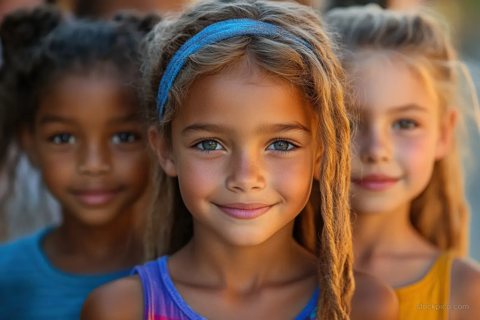 Children friends hug and smile together outdoors in a sunny park with a softly blurred colorful background.